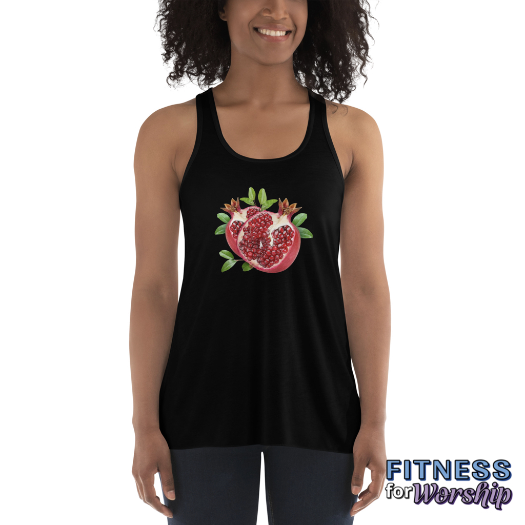 woman wearing black Pomegranate Flowy Racerback Tank for Women by Fitness for Worship