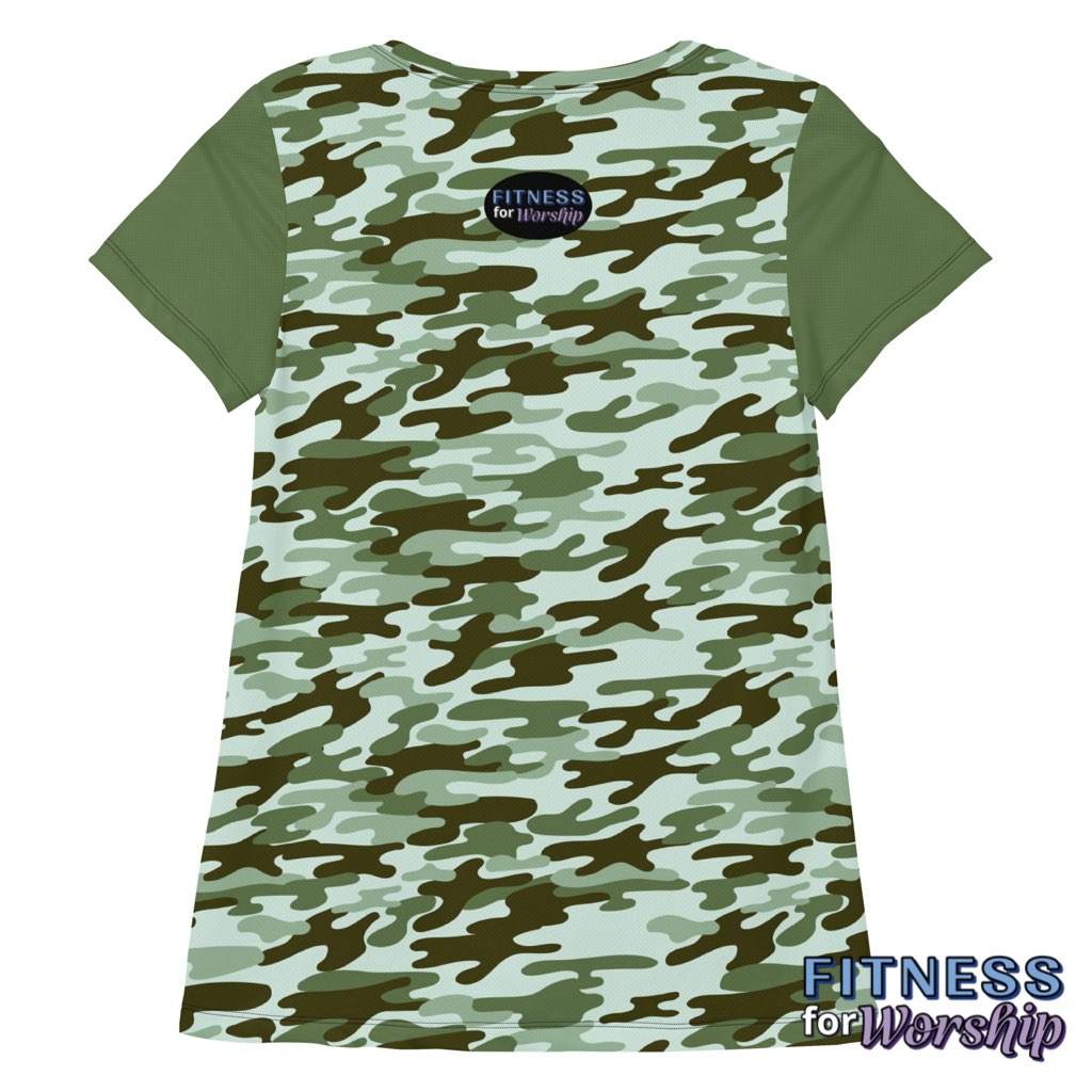back of Green Camo Athletic Mesh T-shirt for Women by Fitness for Worship
