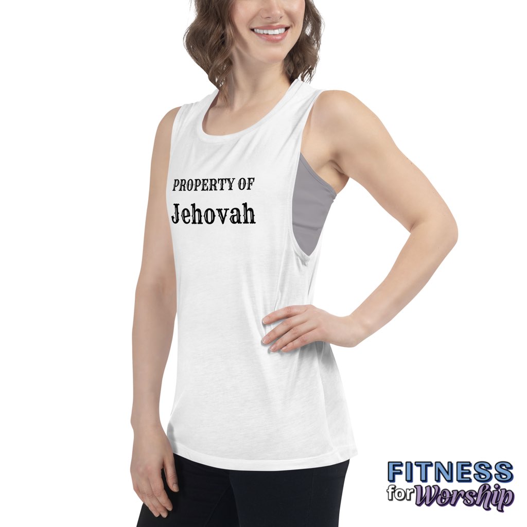 side view of woman wearing white “Property of Jehovah” Muscle Tank for Women by Fitness for Worship