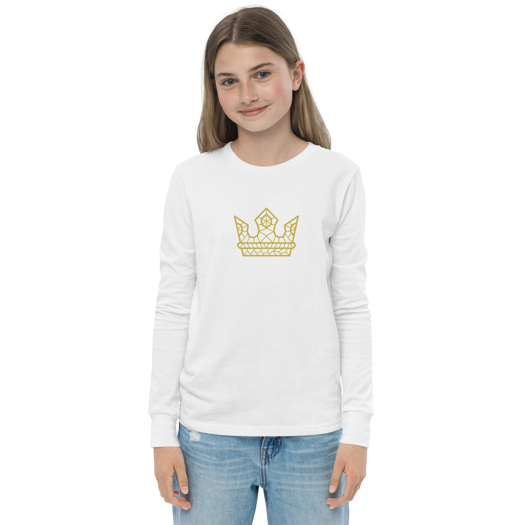 girl wearing white Gold Crown Long Sleeve Tee for Youth by Fitness for Worship