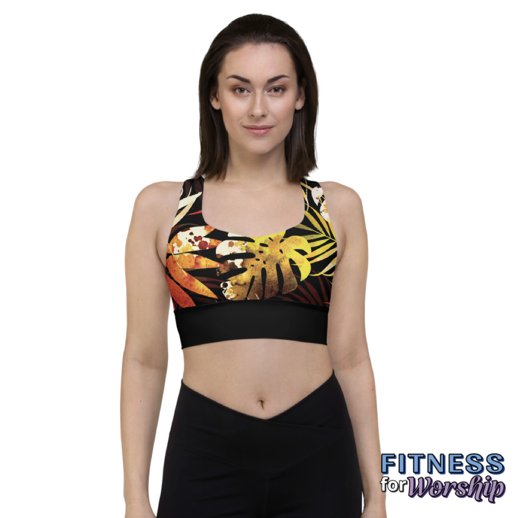 woman wearing Autumn Leaves Longline Sports Bra by Fitness for Worship