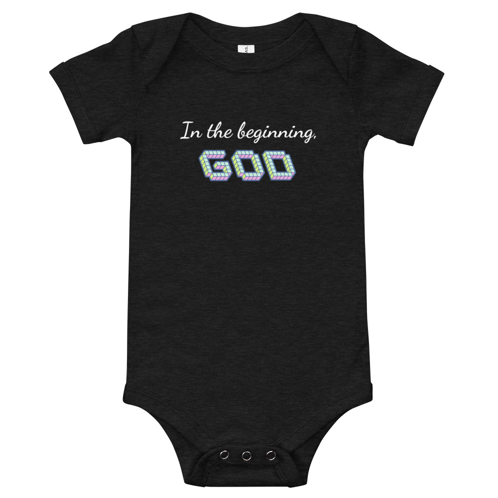 dark grey heather “In the Beginning, God” Baby One Piece Bodysuit by Fitness for Worship